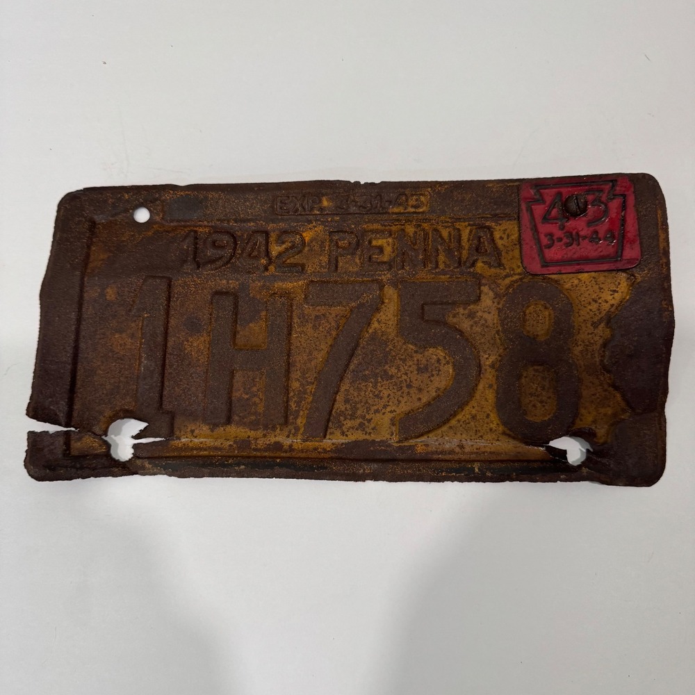 Pennsylvania License Plate Yellow 1942 Vintage 1H758 Rust Patina 1944 Tab